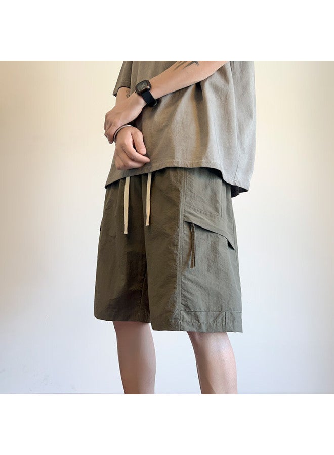 Wassup Sohot Men's Summer Ice Silk Cool Feeling Work Pants Men's Trendy Casual Five-point Pants Army Green XL - Image 3