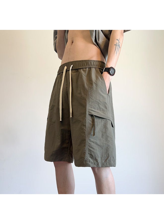 Wassup Sohot Men's Summer Ice Silk Cool Feeling Work Pants Men's Trendy Casual Five-point Pants Army Green XL - Image 1
