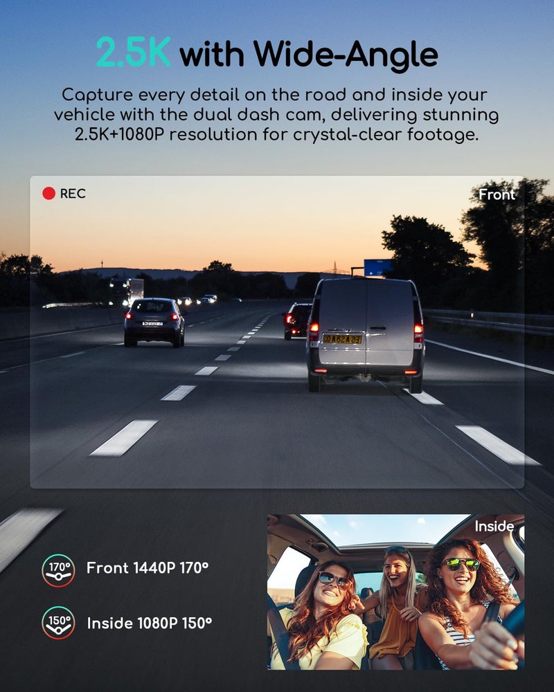 COOAU Dual Dash Cam 2.5K+1080P, Dash Cam Front and Inside, Built-in GPS and WI-FI, Dash Camera for Cars, Perfect for Uber and Taxi Drivers, Night Vision, Accident Record, 24Hr Parking Mode - Image 3