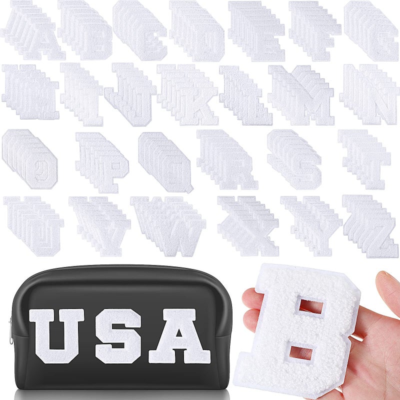 104 Pcs Chenille Letters Patches Iron on Large 32 H x 24 W College Letters Patches Embroidered Trimmed Preppy Alphabet for Clothing RepairingWhite