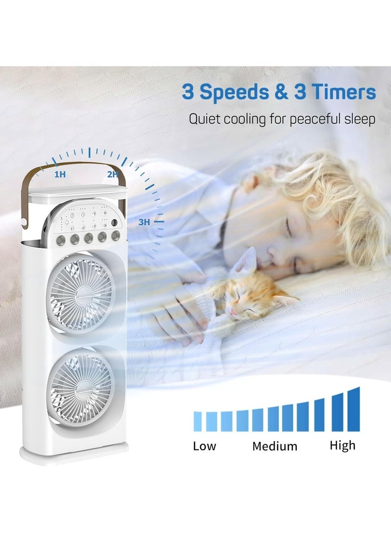 DubaiGallery Portable Air Conditioners Rechargeable Rotating, Double Head Cooling Fan with Remote, Air Cooler with 3 Speeds & Mist Modes, 600ml Water Tank, 7-Color Night Light, Portable for Room/Car - Image 3