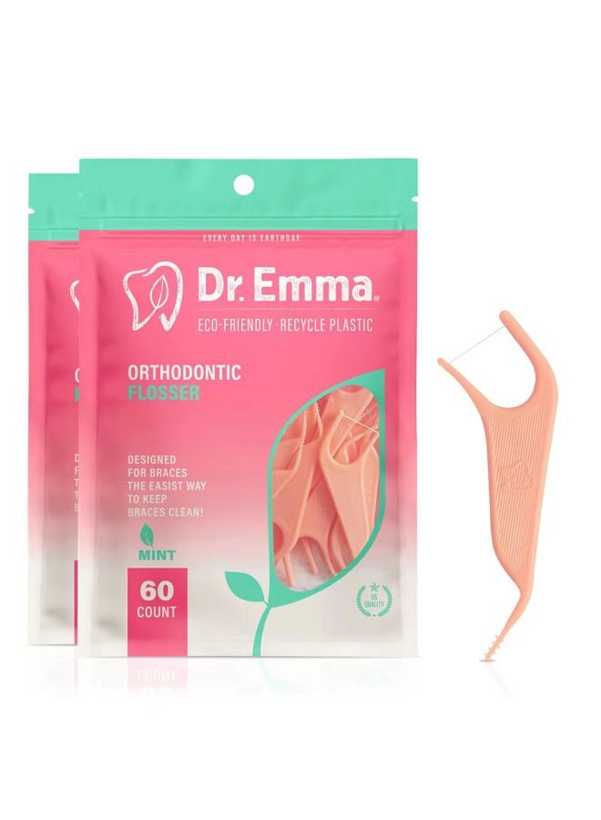 Dr.Emma Orthodontic Flossers for Braces, Ortho Dental Floss Picks, Mint Flavor 60 Count/Bag (Pink, 2pack) - Image 1