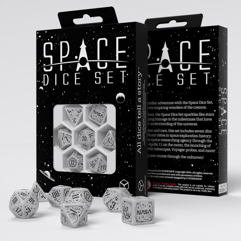 Q WORKSHOP Space Dice Set Apollo by QWorkshop RPG Dice Set Inspired by NASA Apollo Shimmering White with Black Engravings Perfect for Tabletop Games RPGs 7 Polyhedral Dice D4 D6 D8 2D10 D12 D20 - Image 3