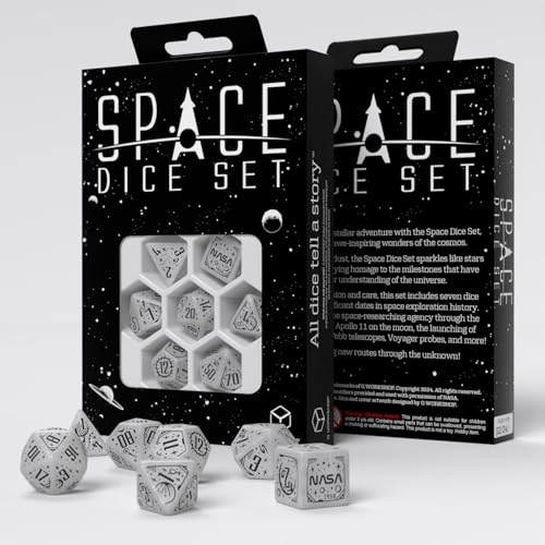 Q WORKSHOP Space Dice Set Apollo by QWorkshop RPG Dice Set Inspired by NASA Apollo Shimmering White with Black Engravings Perfect for Tabletop Games RPGs 7 Polyhedral Dice D4 D6 D8 2D10 D12 D20 - Image 1