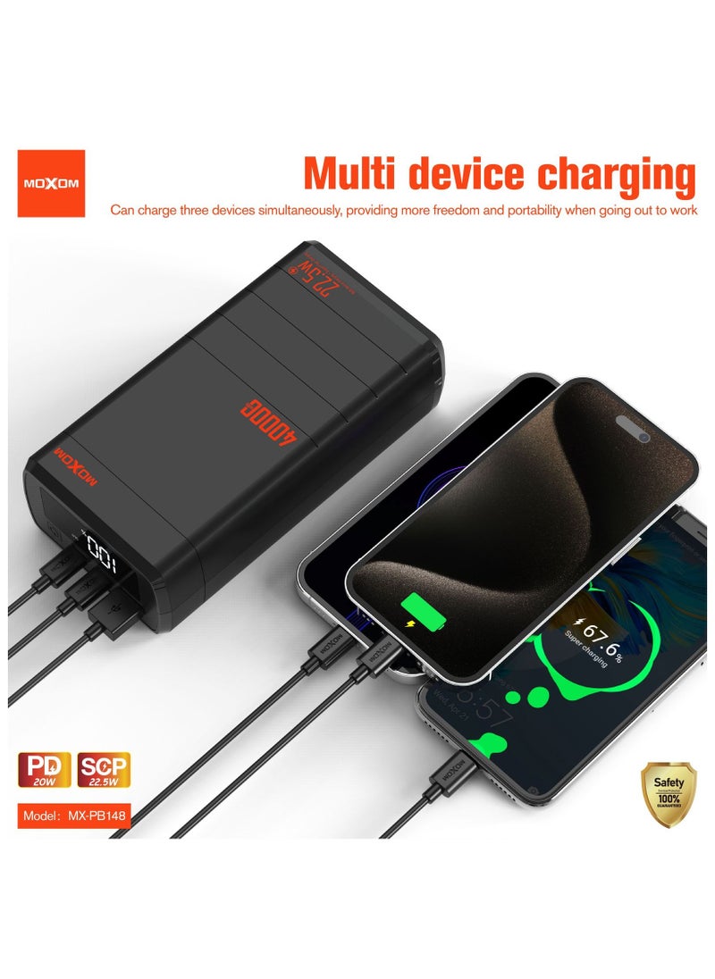 MOXOM MX-PB148 40000mAh Power Bank with LCD Display - 1 USB Port and 2 PD Ports - Fast Charging SCP 22.5W and PD 20W Multi-Device Charging  - Image 2