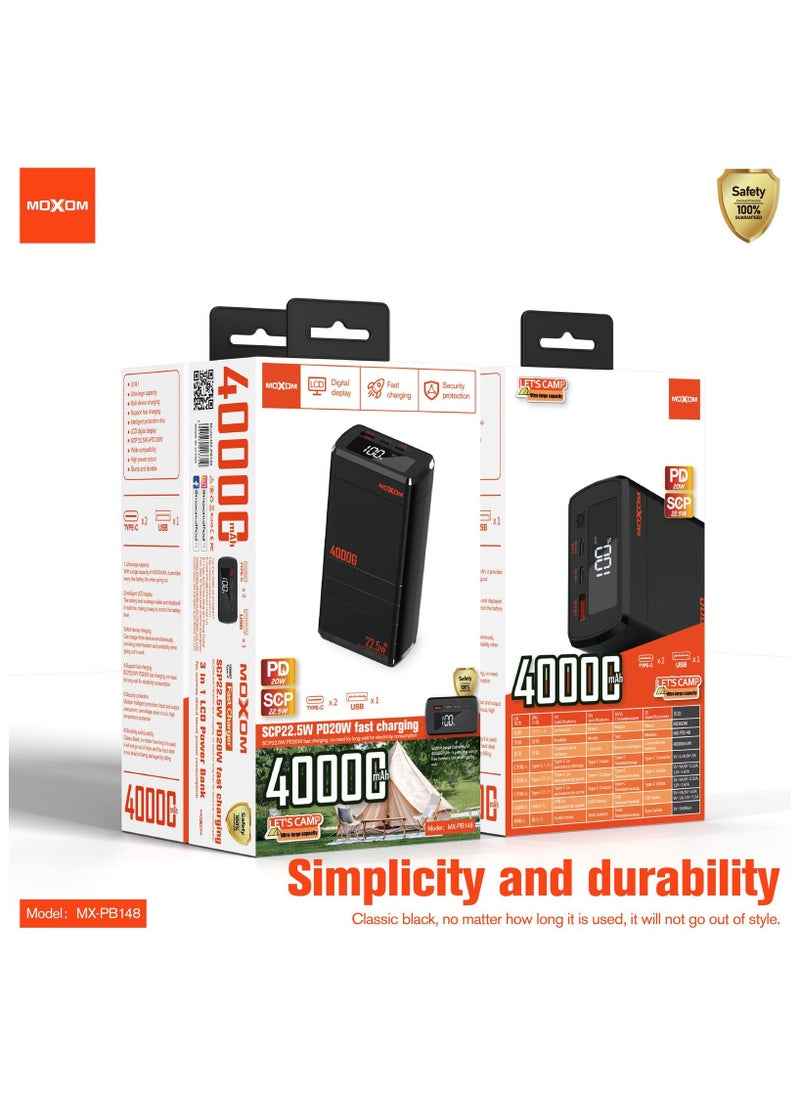 MOXOM - MX-PB148 40000mAh Power Bank with LCD Display - 1 USB Port and 2 PD Ports - Fast Charging SCP 22.5W and PD 20W Multi-Device Charging - Image 1