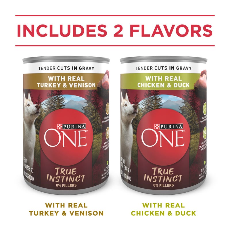 Purina ONE True Instinct Tender Cuts in Gravy With Real Turkey and Venison, and With Real Chicken and Duck High Protein Wet Dog Food Variety Pack - (Pack of 12) 13 oz. Cans - Image 2