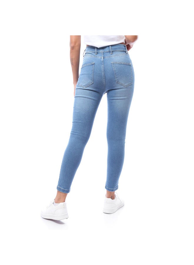 Andora Casual High Waist Skinny Jeans With Four Buttons - Light Blue - Image 3