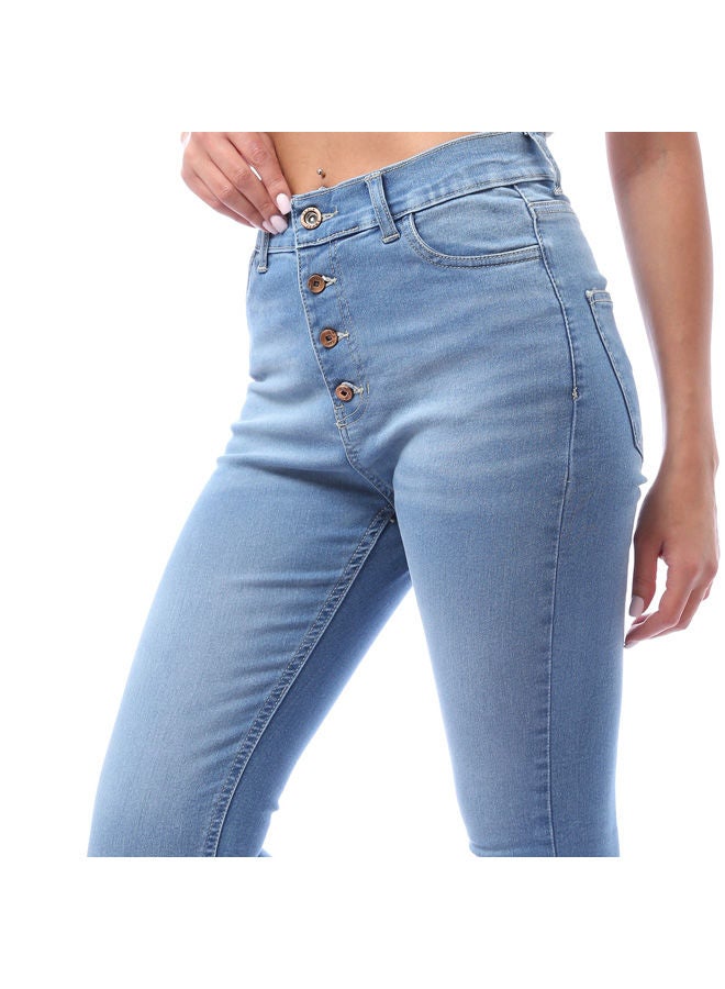 Andora Casual High Waist Skinny Jeans With Four Buttons - Light Blue - Image 2