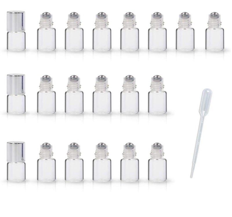 ZbFwmx 20 Pack Set 1ML Mini Sample Roll Glass Bottles for Essential Oils Roller Refillable Perfume Roll Bottle PureSliver