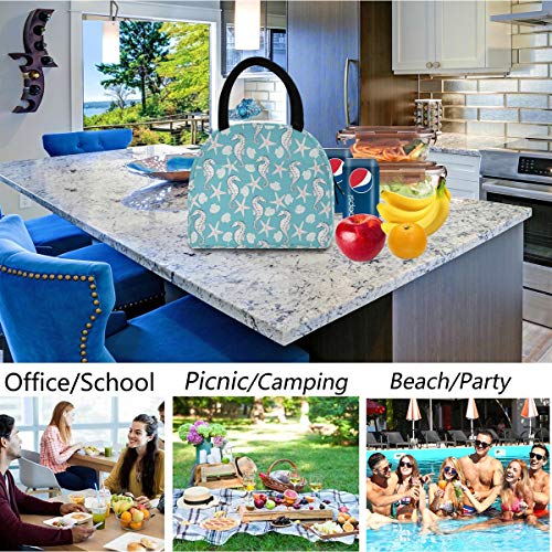 ZzWwR Ocean Starfish Seahorse Pattern Reusable Lunch Tote Bag with Front Pocket Zipper Closure Insulated Thermal Cooler Container Bag for Work Picnic Travel Beach Fishing - Image 5