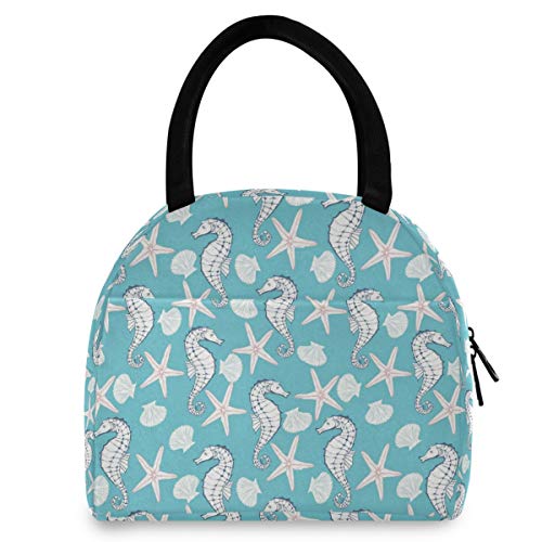 ZzWwR Ocean Starfish Seahorse Pattern Reusable Lunch Tote Bag with Front Pocket Zipper Closure Insulated Thermal Cooler Container Bag for Work Picnic Travel Beach Fishing - Image 4