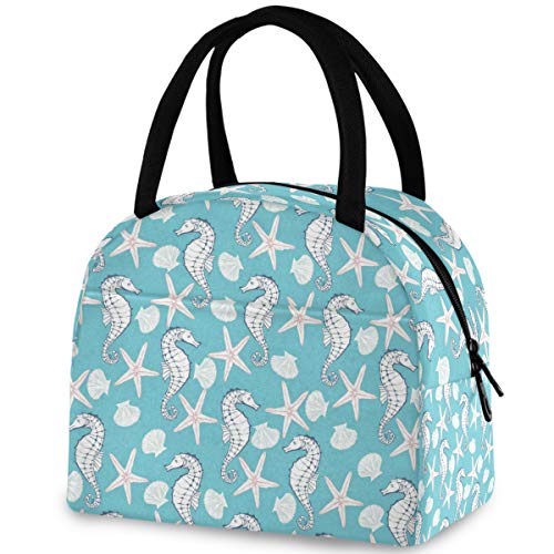 ZzWwR Ocean Starfish Seahorse Pattern Reusable Lunch Tote Bag with Front Pocket Zipper Closure Insulated Thermal Cooler Container Bag for Work Picnic Travel Beach Fishing - Image 1