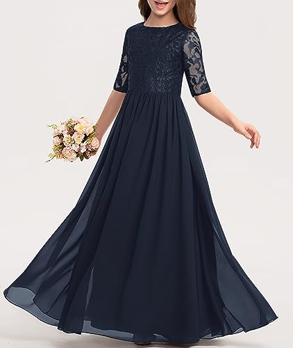HOSIKA Girls Elegant Lace Semi Formal Maxi Flower Girl Dresses for Wedding Party Navy Blue 8-9 Years - Image 2