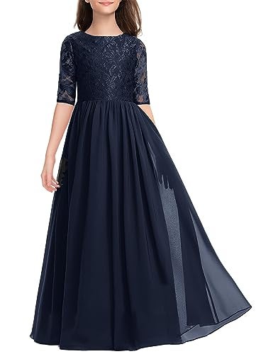 HOSIKA Girls Elegant Lace Semi Formal Maxi Flower Girl Dresses for Wedding Party Navy Blue 8-9 Years - Image 1