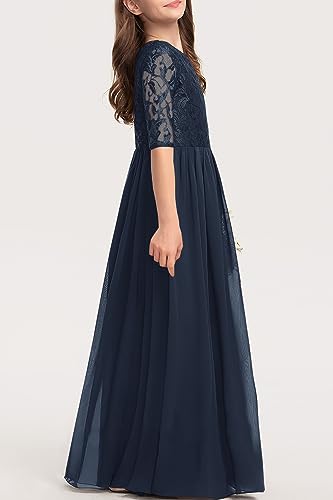 HOSIKA Girls Elegant Lace Semi Formal Maxi Flower Girl Dresses for Wedding Party Navy Blue 8-9 Years - Image 3