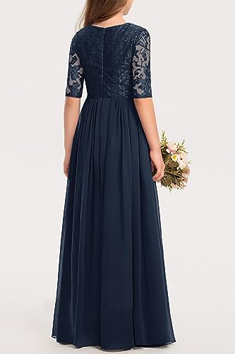 HOSIKA Girls Elegant Lace Semi Formal Maxi Flower Girl Dresses for Wedding Party Navy Blue 8-9 Years - Image 4
