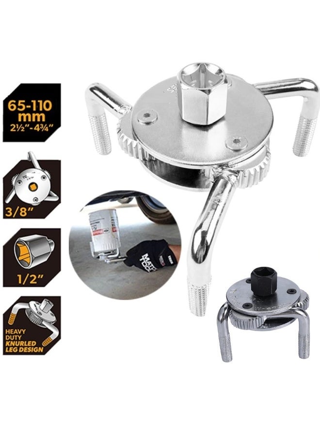 مفتاح فلتر زيت ثنائي الاتجاه لإزالة فلاتر الزيت 3 فك  قابل للتعديل مقاس ½ بوصة - ⅜ بوصة -  65-110 مم اداه اساسيه في كل جراج ومحطه خدمه سيارات - Image 1