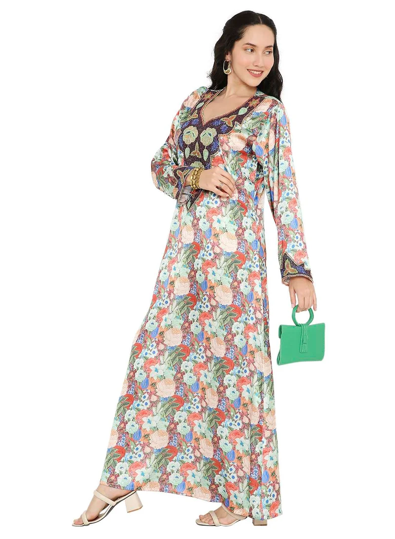 HANA & SARA UNIQUE FLORAL BEADED WITH CREATIVE PRINT DESIGN ARABIC KAFTAN JALABIYA DRESSES