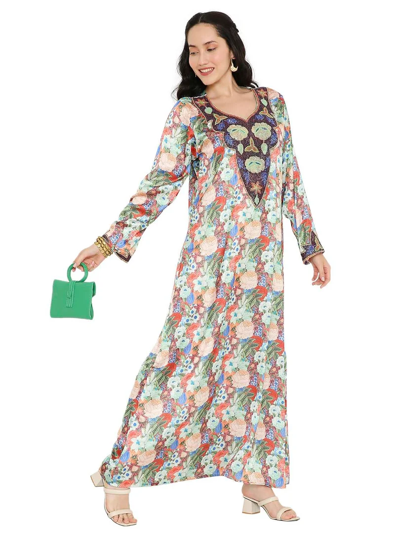 HANA & SARA UNIQUE FLORAL BEADED WITH CREATIVE PRINT DESIGN ARABIC KAFTAN JALABIYA DRESSES