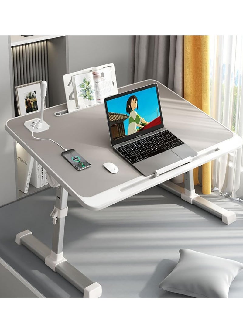 CityRiya-Long - Laptop Desk for Bed Bedside Computer Table Adjustable Laptop Table Desk End Side Table for Sofa/Bed Laptop Computer Stand Desks Laptop Bed Tray Table Lap Desk with Lamp USB Fan (Grey with USB) - Image 1