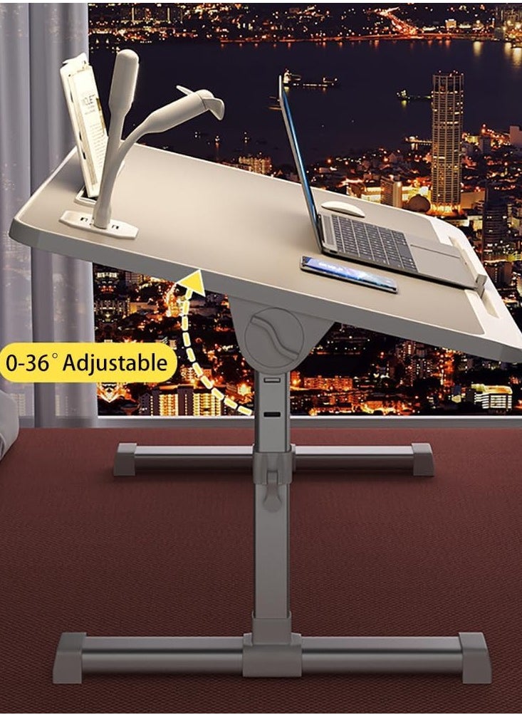 CityRiya-Long - Laptop Desk for Bed Bedside Computer Table Adjustable Laptop Table Desk End Side Table for Sofa/Bed Laptop Computer Stand Desks Laptop Bed Tray Table Lap Desk with Lamp USB Fan (Grey with USB) - Image 1