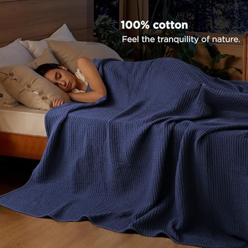 Tex Trend 100% Cotton Blanket Twin Size - Soft Waffle Weave Bed Blanket for Summer Cooling & Winter Warmth, Breathable Lightweight Cotton Throw, Perfect for Bed, Couch & Gifting, Navy Blue, 60'x90' - Image 3