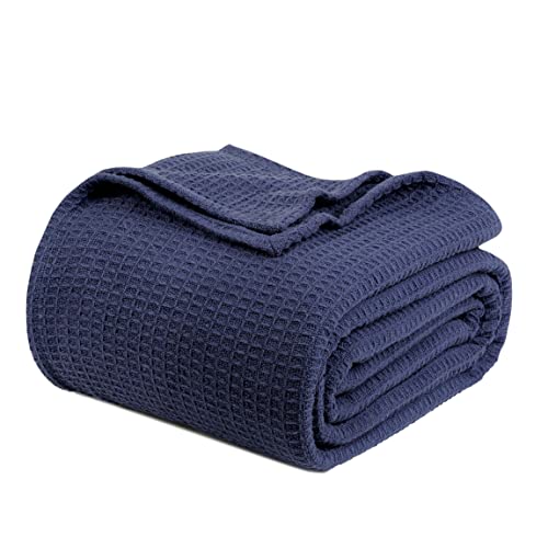 Tex Trend 100% Cotton Blanket Twin Size - Soft Waffle Weave Bed Blanket for Summer Cooling & Winter Warmth, Breathable Lightweight Cotton Throw, Perfect for Bed, Couch & Gifting, Navy Blue, 60'x90' - Image 1