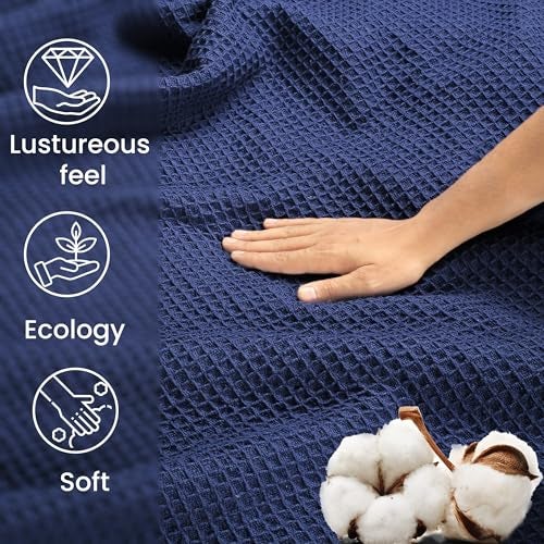 Tex Trend 100% Cotton Blanket Twin Size - Soft Waffle Weave Bed Blanket for Summer Cooling & Winter Warmth, Breathable Lightweight Cotton Throw, Perfect for Bed, Couch & Gifting, Navy Blue, 60'x90' - Image 4