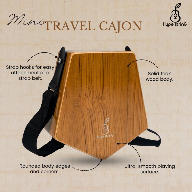 Hype String Mini Travel (Double-Sided) Cajon || Made of Solid Teak Wood With Cover Bag and Strap - Image 3