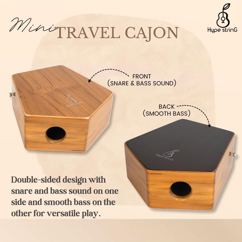 Hype String Mini Travel (Double-Sided) Cajon || Made of Solid Teak Wood With Cover Bag and Strap - Image 4