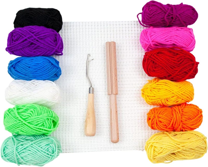 klarako 12pcs latch and hook Rug Yarn Kit, Rug Hooking Mesh Fabric Canvas, Wooden Bent latch and hook Tool, Yarn Cutter Tool, Crafts Supplies for DIY Tapestry Making - Image 1