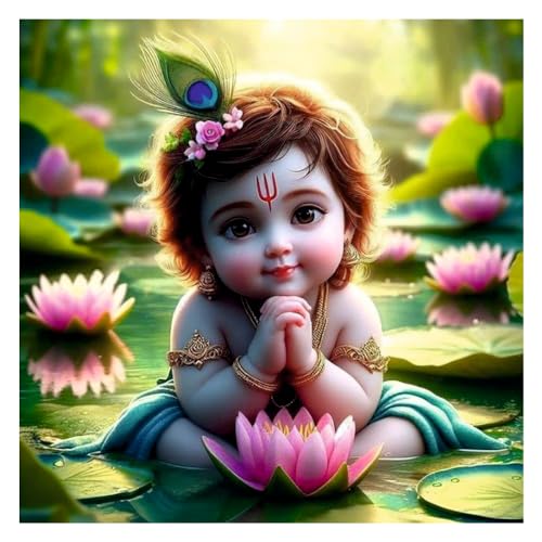 Decals Creation Vinyl Lord Bal Krishna Flower Wall Poster For Living Room, Kids Pooja Room (Size - 46Cm X46Cmself-Adhesive, Smooth Surface, 46 Cms) - Image 1