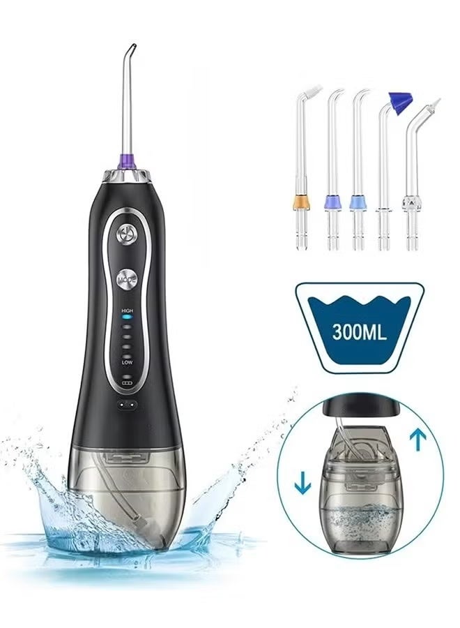 GENNEXT Rechargeable Dental Flosser Oral Irrigator IPX7 Waterproof, 300ml Water Tank with Travel Case, 5 Modes 5 Replaceable Jet Tips - Black - Image 1