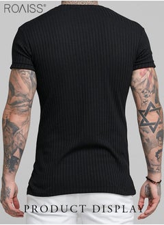 roaiss 2-Piece Men's T-Shirt Elastic Vertical Short Sleeve Round Neck Top Sports And Casual Versatile Short Sleeved Top  - Image 4