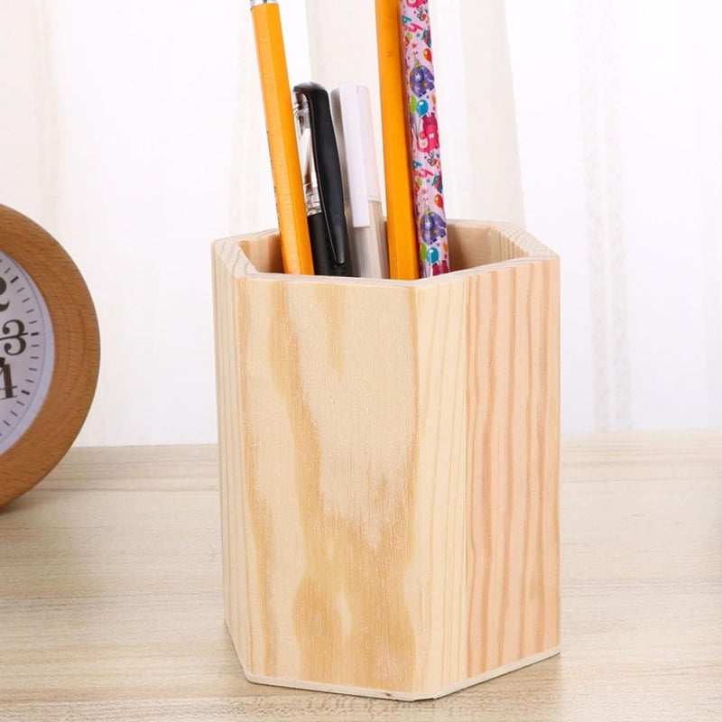 Hexagonal Unfinished Wooden Pen Holder Set 3pcs Pencil Cup Desk Organizer For Home Office Stationery Makeup Brush Storage - Image 4