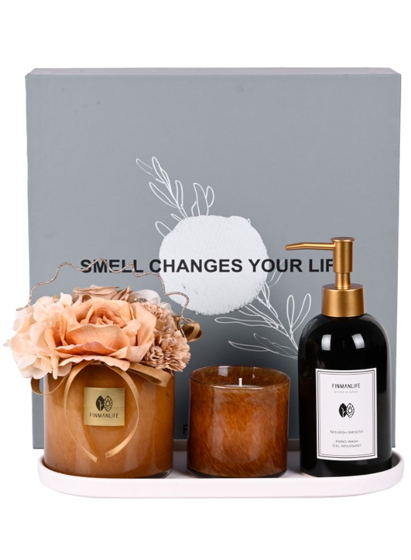 Generic Elegant Gift Set with Artificial Flower Vase, Scented Candle in Glass Jar, and Fragrant Liquid Soap – Perfect for Home Décor and Gifting 