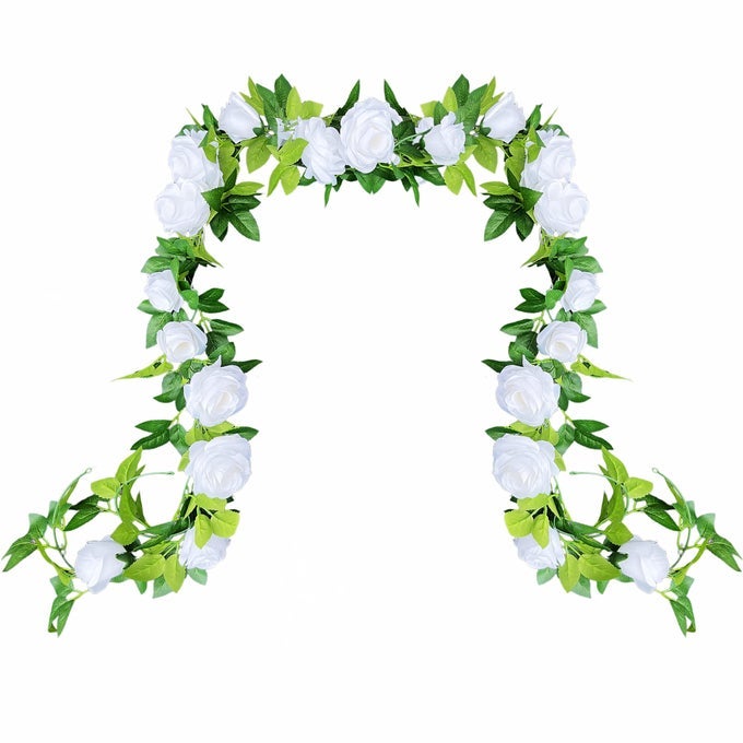 2 PACK 14FT ARTIFICIAL ROSE VINES WHITE FLOWER GARLAND ARTIFICIAL ROSE FLOWERS WITH GREEN LEAVES FLORAL PLANT FOR WEDDING ARCH PARTY GARDEN CRAFT HOME DECOR