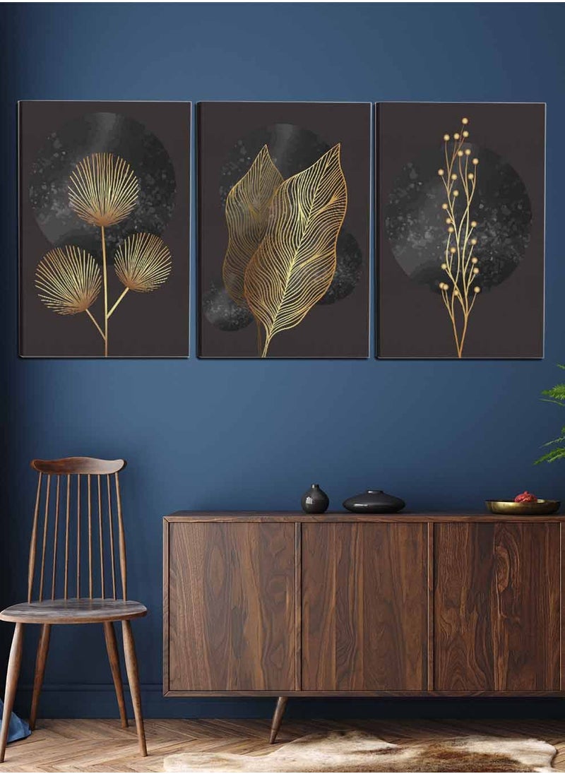 LOWHA Set Of 3 Framed Canvas Wall Arts Stretched Over Wooden Frame, Abstract Moon Leaves Paintings, For Home, Living Room, Office Decor  - Image 2