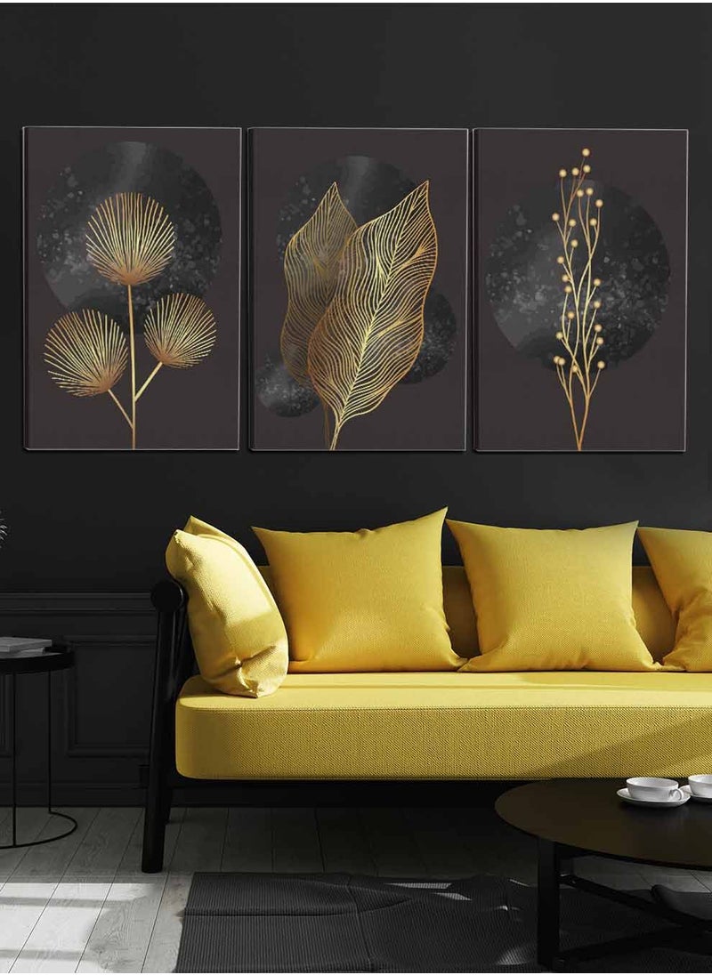 LOWHA Set Of 3 Framed Canvas Wall Arts Stretched Over Wooden Frame, Abstract Moon Leaves Paintings, For Home, Living Room, Office Decor  - Image 1