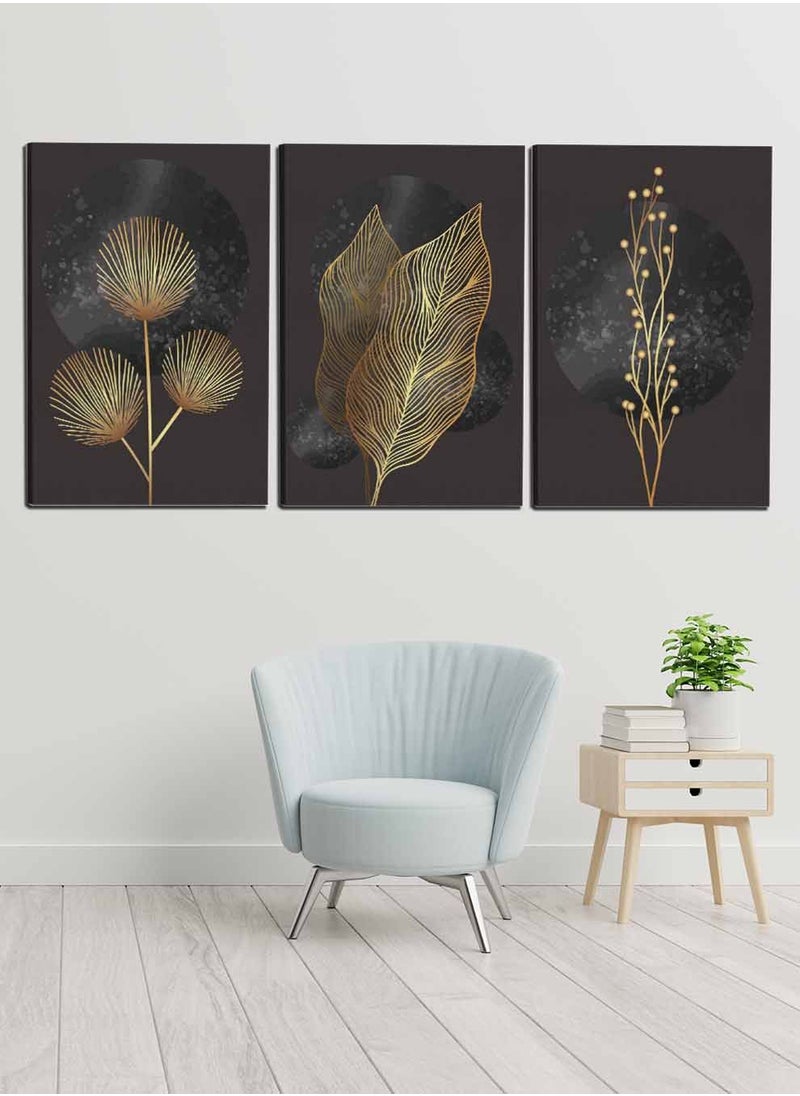 LOWHA Set Of 3 Framed Canvas Wall Arts Stretched Over Wooden Frame, Abstract Moon Leaves Paintings, For Home, Living Room, Office Decor  - Image 3