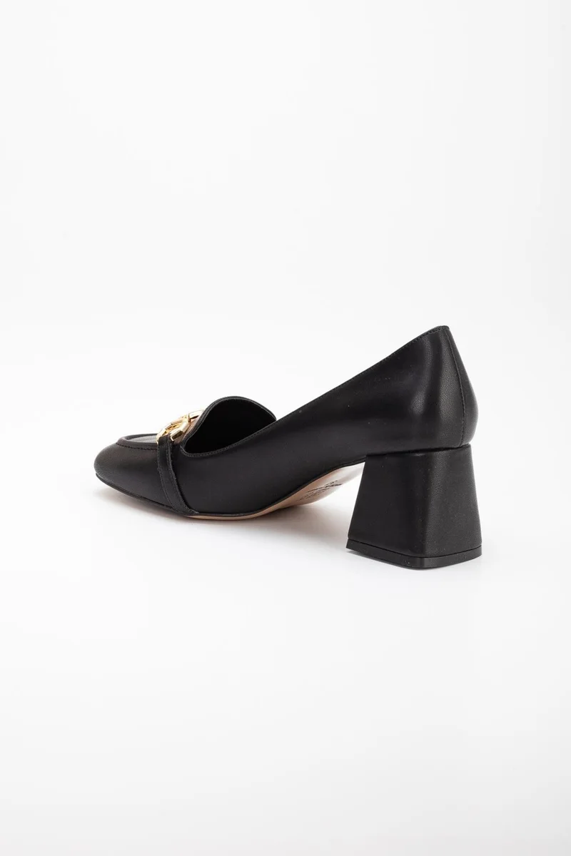 Dilimler Ayakkabı Slices Shoes Large Small Size Blunt Toe Buckle Skin Black Women's Thick Heeled Shoes