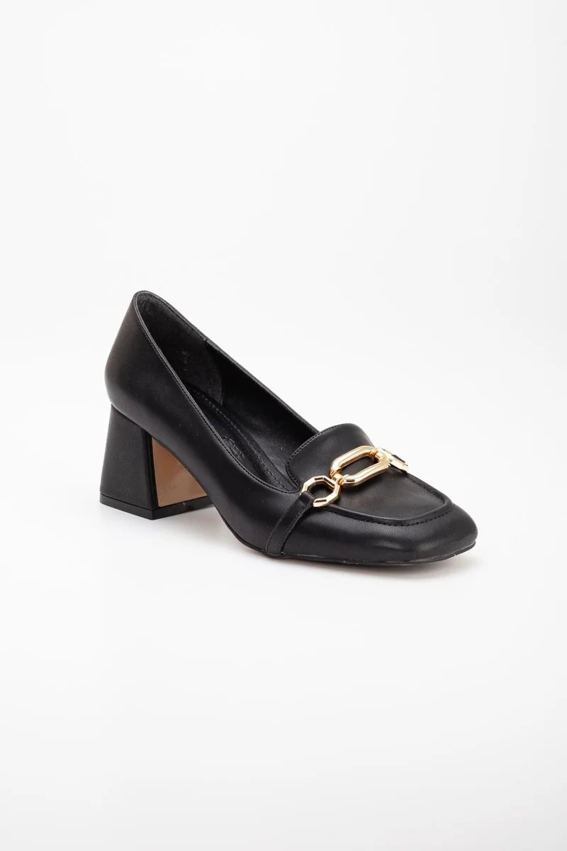Dilimler Ayakkabı Slices Shoes Large Small Size Blunt Toe Buckle Skin Black Women's Thick Heeled Shoes