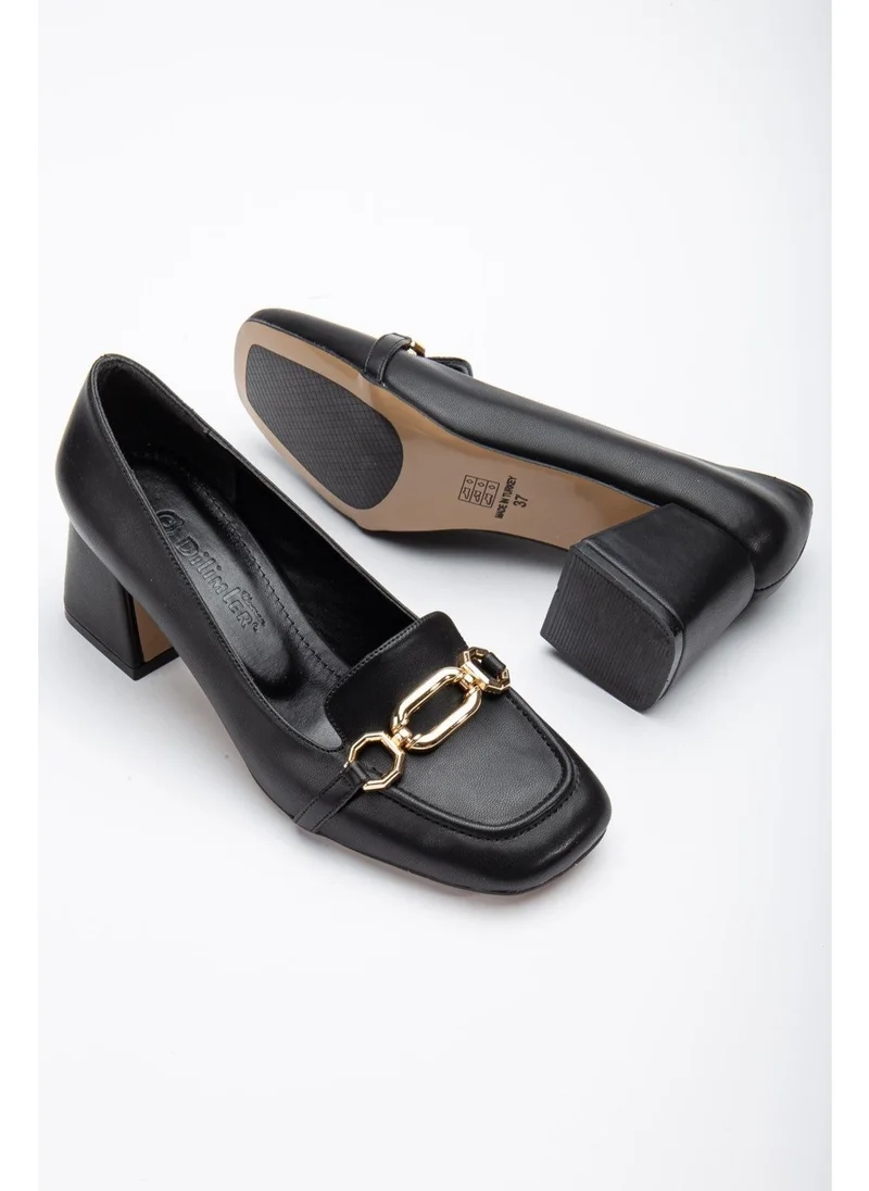 Dilimler Ayakkabı Slices Shoes Large Small Size Blunt Toe Buckle Skin Black Women's Thick Heeled Shoes