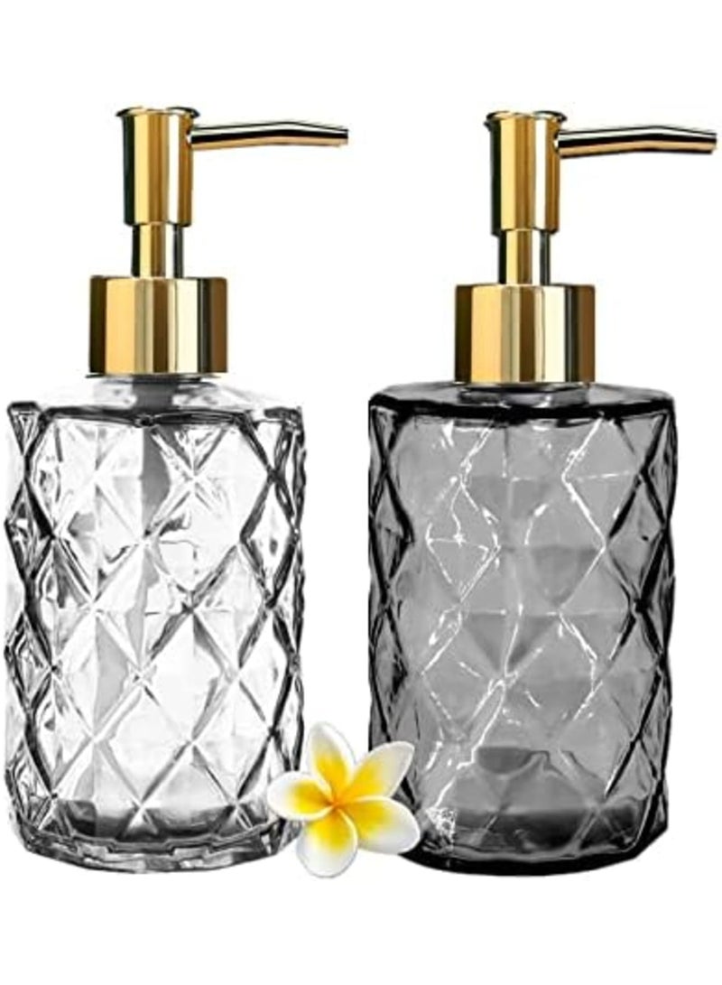 SYOSI Elegant 2-Pack Glass Soap and Shampoo Dispensers with Gold Pump - Refillable 330 ml Dispensers for Bathroom, Kitchen, Laundry - Includes 1 Black & 1 Clear Bottle - Image 1
