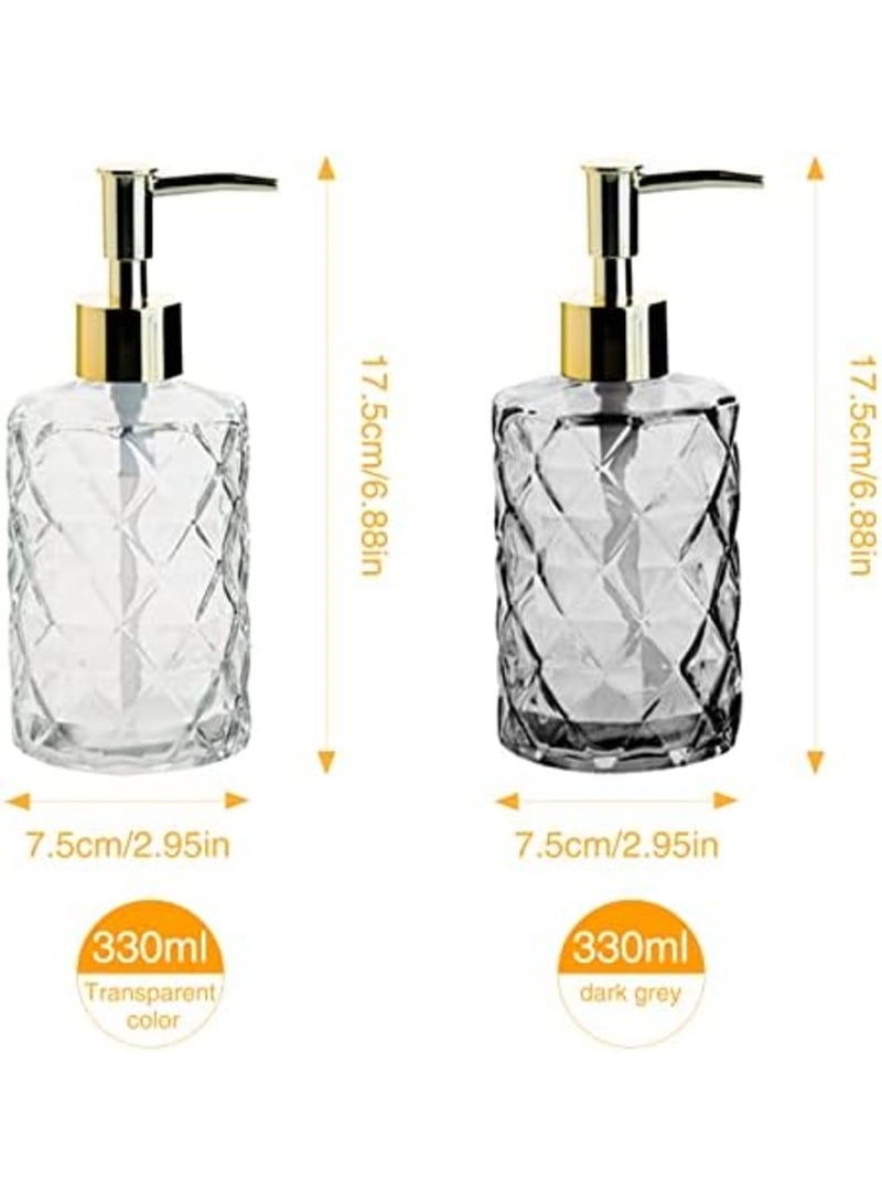 SYOSI Elegant 2-Pack Glass Soap and Shampoo Dispensers with Gold Pump - Refillable 330 ml Dispensers for Bathroom, Kitchen, Laundry - Includes 1 Black & 1 Clear Bottle - Image 3
