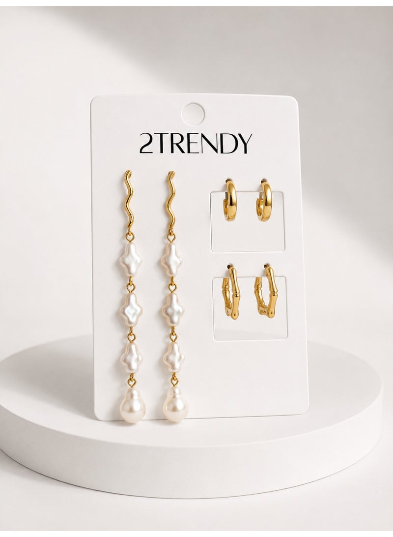 3-Pair Gold-Tone Earrings Set with Pearl Drop Earrings for Women