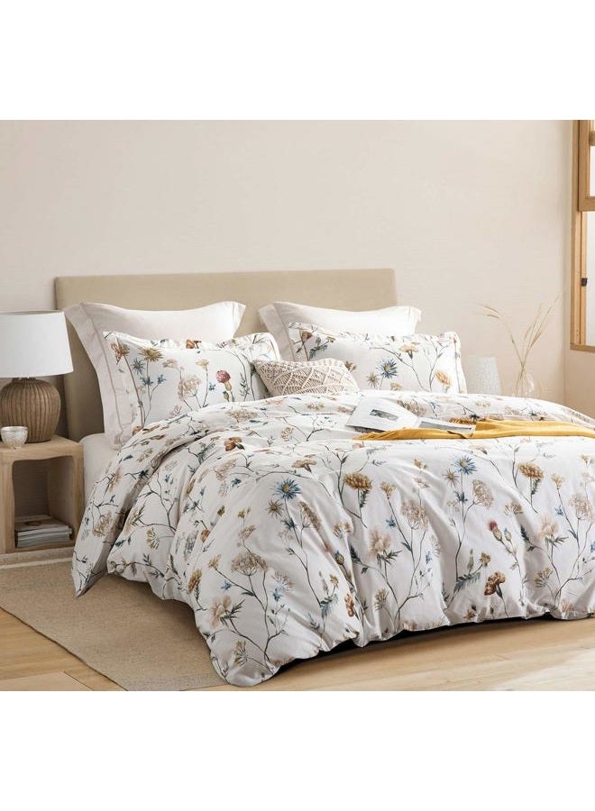 SLEEPBELLA Comforter Queen Size, 600 Thread Count Cotton White Printed with Blue & Blush Flowers Cotton Comforter Set,Down Alternative Bedding Set 3Pcs(Queen, White Floral) - Image 2