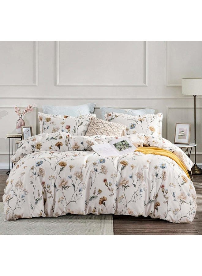 SLEEPBELLA Comforter Queen Size, 600 Thread Count Cotton White Printed with Blue & Blush Flowers Cotton Comforter Set,Down Alternative Bedding Set 3Pcs(Queen, White Floral) - Image 1