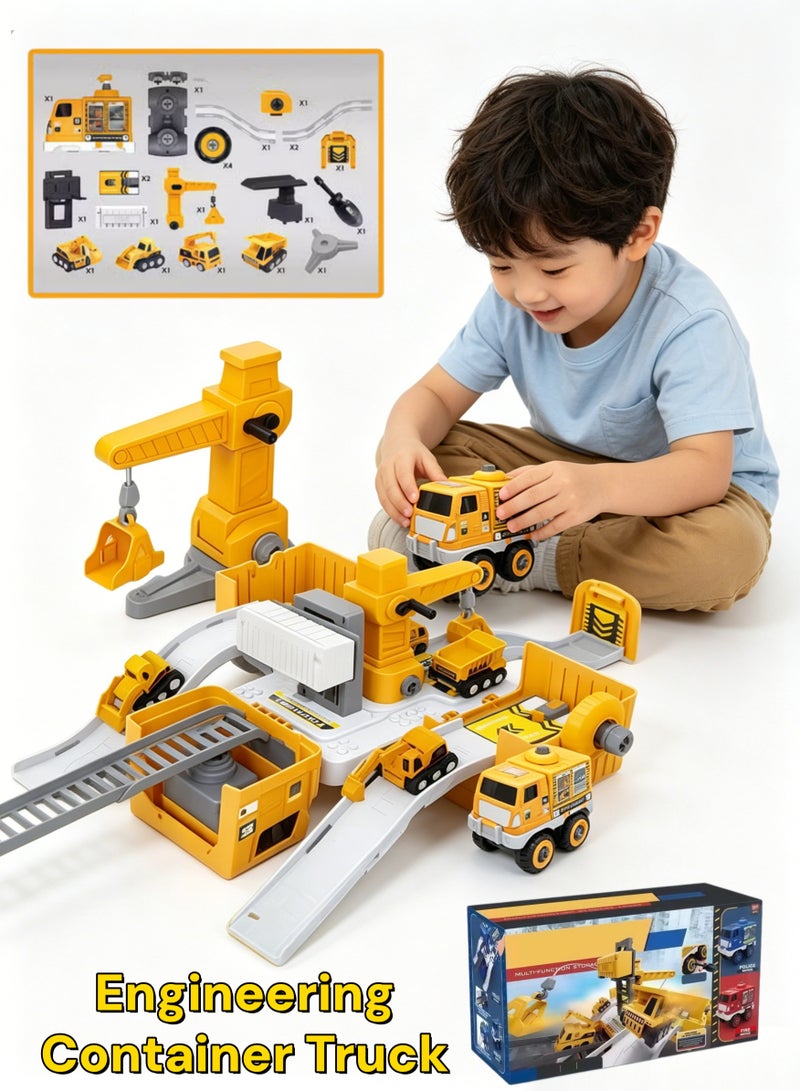 Aimayapet Ejection Engineering Race Car Track,Container Truck with 4 Mini Engineering Vehicle ,Truck Dismantling and Assembling, Excavator Toy Container Truck,Crane,Gifts For Boys Children 3+Years - Image 1